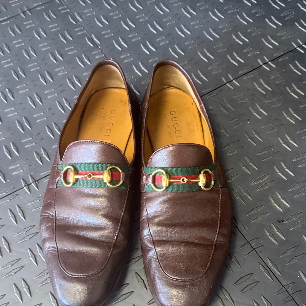 Gucci Brown Leather Horsebit Loafers with Green-Red Web
